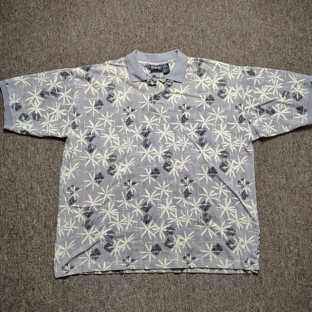 Vintage OP SPORT Polo Shirt Men 2XL Gray Heavyweight Floral All Over Print Retro